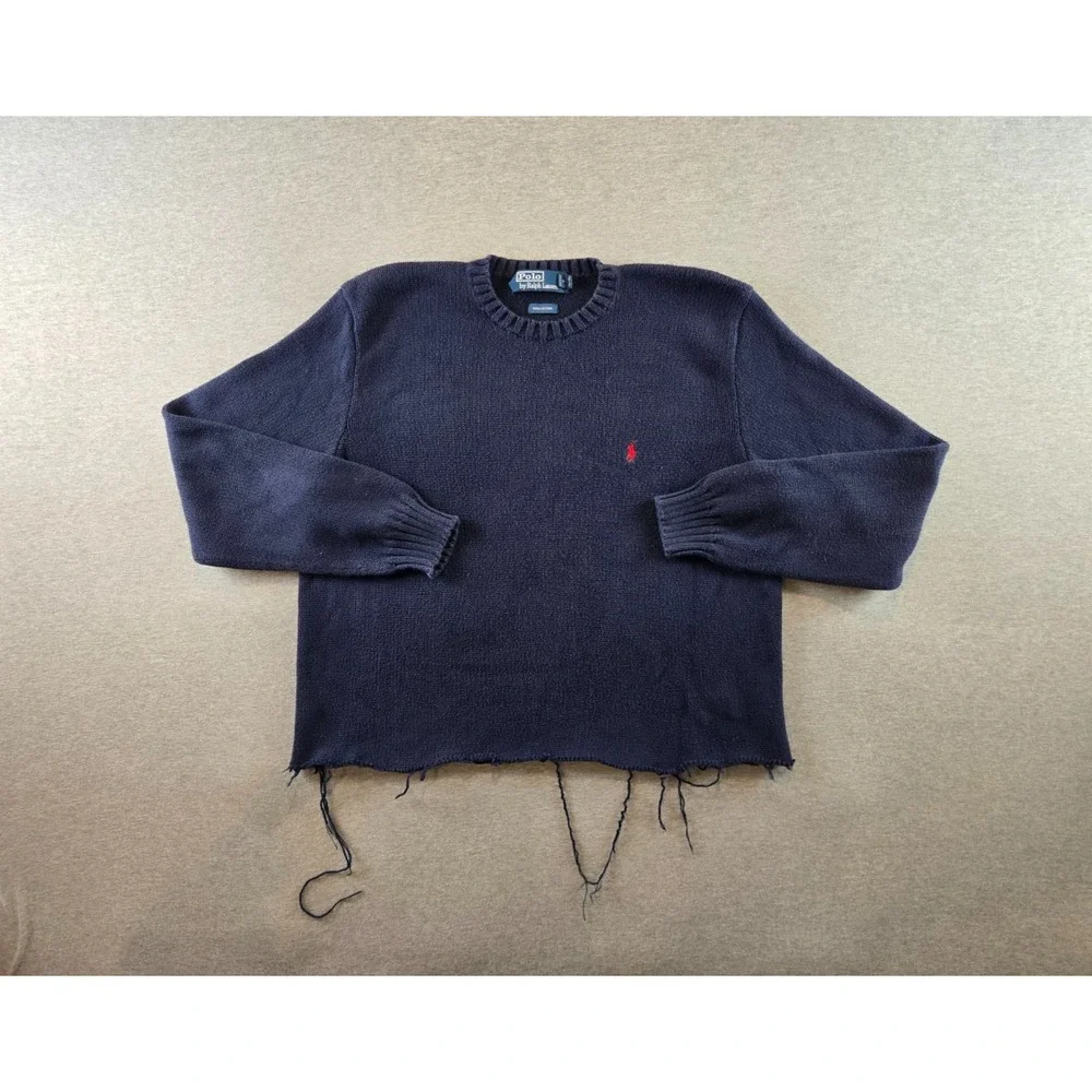 Vintage Polo Ralph Lauren Sweater Mens Large Navy‎ L/S Boxy Cutoff 90's Preppy